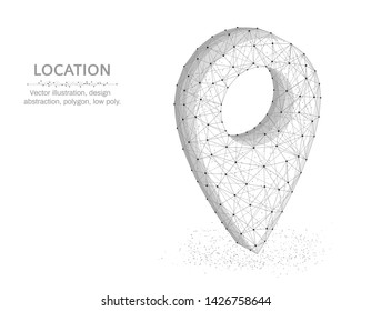 Location pin low poly design, navigation abstract geometric image, local or gps wireframe mesh polygonal vector illustration made from points and lines on white background