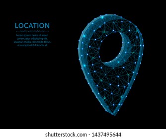 Location pin low poly design, navigation abstract geometric image, local or gps wireframe mesh polygonal vector illustration made from points and lines on black background