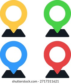 Pin de ubicación con conjunto de iconos de base de mapa, punteros de mapa coloridos en símbolos de Lugar famoso, Ilustración vectorial plana