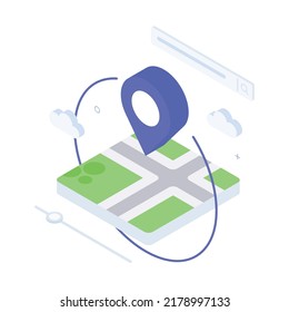Lage, Pin, Karte, Stadt, GPS, Präsentation, Infografik, Navigation, Werbung. Isometrisches Vektorgrafik-Flachdesign einzeln. 