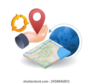 Location pin with map in hand infographic flat isometric 3d illustration