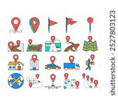 location pin map place point icons set vector. mark road, travel gps, position marker, web button, geo tag, red location pin map place point color Contour Illustrations