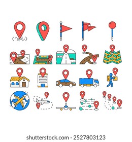 ubicación pin mapa lugar punto iconos conjunto Vector. marca carretera, gps de viaje, marcador de posición, Botón de Web, geoetiqueta, mapa rojo de ubicación pin lugar punto color Ilustraciones de contorno