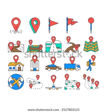 location pin map place point icons set vector. mark road, travel gps, position marker, web button, geo tag, red location pin map place point color Contour Illustrations