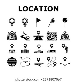location pin map point icons set vector. place pointer, marker position, mark road, travel label, navigation button location pin map point glyph pictogram Illustrations