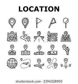 location pin map point icons set vector. place pointer, marker position, mark road, travel label, navigation button location pin map point black contour illustrations