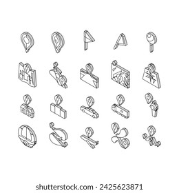 Position Pin Map Point Icons Set. Positionieren Sie den Zeiger, die Position der Markierung, die Straße, das Reiselabel, die Navigationsschaltfläche Position Pin Map Point Color Line