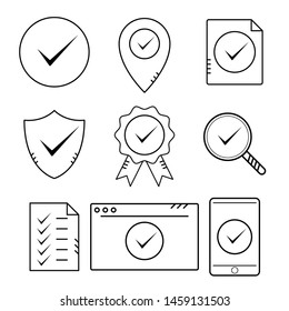 Location pin map, quality certified, shield, check list test document signs with checkmark. Outline approved and correct icon in flat style. Check tick mark as ok symbol thin line vector illustration