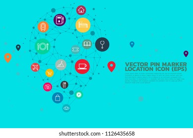 Location Pin mark icon and place around with polygon dot connected line, concept of location and facility place , GPS technology