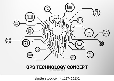 Location Pin mark icon and place around with circuit line graphic, concept of location and facility place , GPS technology