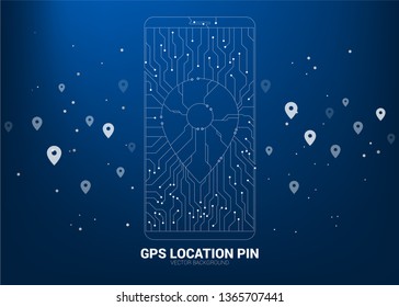 Location Pin mark icon shaped mobile phone with circuit line graphic, concept of location and facility place , GPS technology