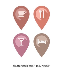 Location pin marker for cafe, bar, restaurant and hotel. Location pin pointer colorful vector set with long shadow.