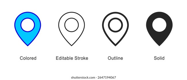 Location pin marker icon. Pointer in colored, editable stroke, outline and solid styles. Navigation and mapping symbol - vector
