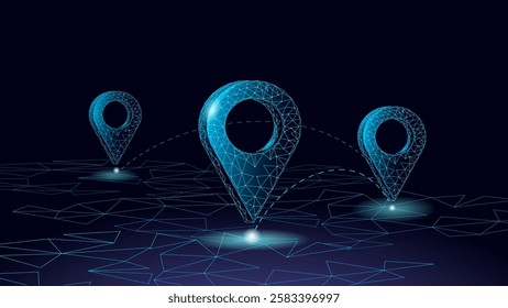 Location pin markers map. Network connection routes shown. GPS navigation system application. Low poly design, blue color scheme, dark background