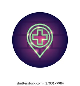 location pin with medical cross icon over white background, neon style, vector illustration