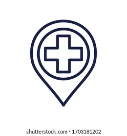 location pin with medical cross icon over white background, line style, vector illustration