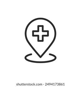 Location pin and medical cross, linear style icon. medical facility location. Editable stroke width