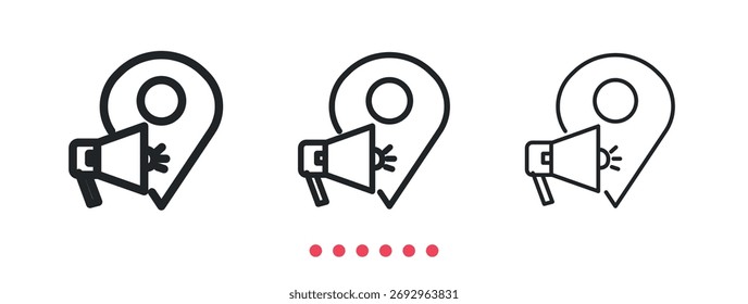Locación pin con icono de megáfono. Vector de icono de línea delgada