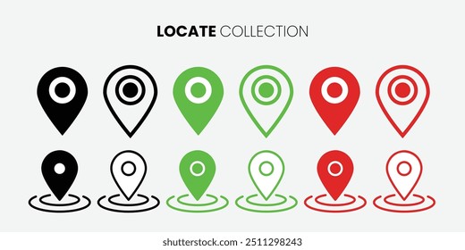 Localização Pin moderno, GPS, Mapa Posição Marcador, Design plano e elementos de contorno, Vermelho, verde, Preto editável