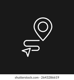 Location Pin with Navigation Arrow and Path on Black Background, Representing GPS or Route Guidance, White Outline Icon