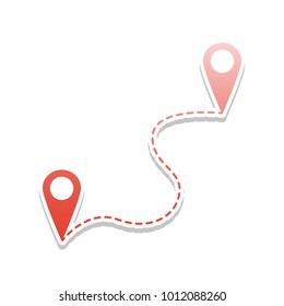 Location pin navigation map, gps sign. Vector. Reddish icon with white and gray shadow on white background. Isolated.
