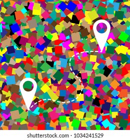 Location pin navigation map, gps sign. Vector. White icon on colorful background with seamless pattern from squares.