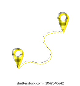 Location pin navigation map, gps sign. Vector. Yellow icon with square pattern duplicate at white background. Isolated.