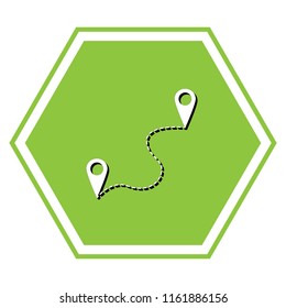 Location pin navigation map, gps sign. Vector. White icon with black shadow at yellow green honeycomb on white background.