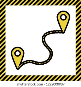 Location pin navigation map, gps sign. Vector. Warm yellow icon with black contour in frame named as under construction at white background. Isolated.