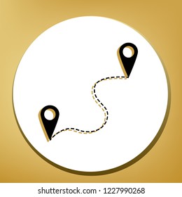 Location pin navigation map, gps sign. Vector. Black icon with light brown shadow in white circle with shaped ring at golden background.
