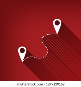 Location pin navigation map, gps sign. Vector. White icon with limitless shadow at ruby red background.