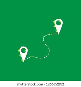 Location pin navigation map, gps sign. Vector. White flat icon with yellow striped shadow at green background.