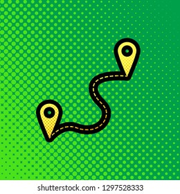 Location pin navigation map, gps sign. Vector. Pop art orange to yellow dots-gradient icon with black contour at greenish background.