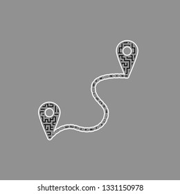 Location pin navigation map, gps sign. Vector. Black maze filled icon with white border at gray background.