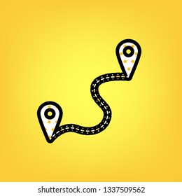 Location pin navigation map, gps sign. Vector. Yellow polka dot white icon with black contour at warm yellow background.