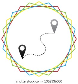 Location pin navigation map, gps sign. Vector. Black icon with patch of light inside colorful hexagonal frames at white background.