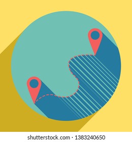 Location pin navigation map, gps sign. Sunset orange icon with llapis lazuli shadow inside medium aquamarine circle with different goldenrod shadow at royal yellow background.