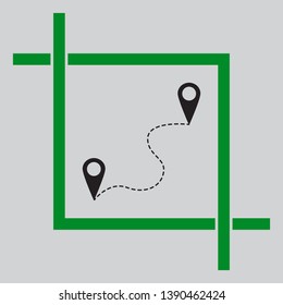 Location pin navigation map, gps sign. Black icon inside green crop tool at light gray background