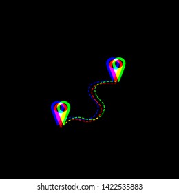 Location pin navigation map, gps sign. Red, green and blue unfocused contour icon at black background. Illustration.