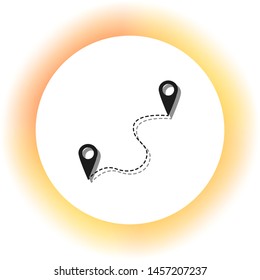Location pin navigation map, gps sign. Dark icon with shadow on the glowing circle button. Illustration.