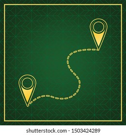 Location pin navigation map, gps sign. Golden icon with gold contour at dark green gridded background. Illustration.