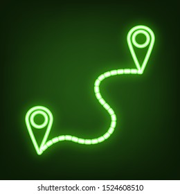 Location pin navigation map, gps sign. Green neon icon in the dark. Blurred lightening. Illustration.