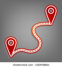 Location pin navigation map, gps sign. Flat red icon with linear white icon with gray shadow at grayish background. Illustration.