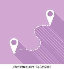 Location pin navigation map, gps sign. White Icon with long shadow at purple background. Illustration.
