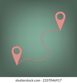 Location pin navigation map, gps sign. Apricot Icon with Brick Red parquet floor graphic pattern on a Ebony background. Feldgrau. Green. Illustration.