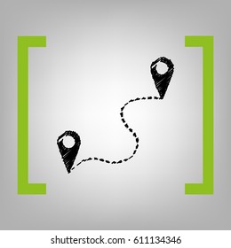 Location pin navigation map, gps sign. Vector. Black scribble icon in citron brackets on grayish background.