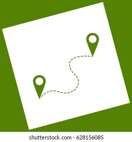 Location pin navigation map, gps sign. Vector. White icon obtained as a result of subtraction rotated square and path. Avocado background.