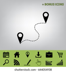 Location pin navigation map, gps sign. Vector. Black icon at gray background with bonus icons 