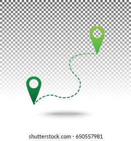 Location pin navigation map, gps sign. Vector. Green gradient icon with shadow at bottom on transparent and white background.