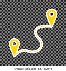 Location pin navigation map, gps sign. Vector. Yellow icon with white contour on dark transparent background.
